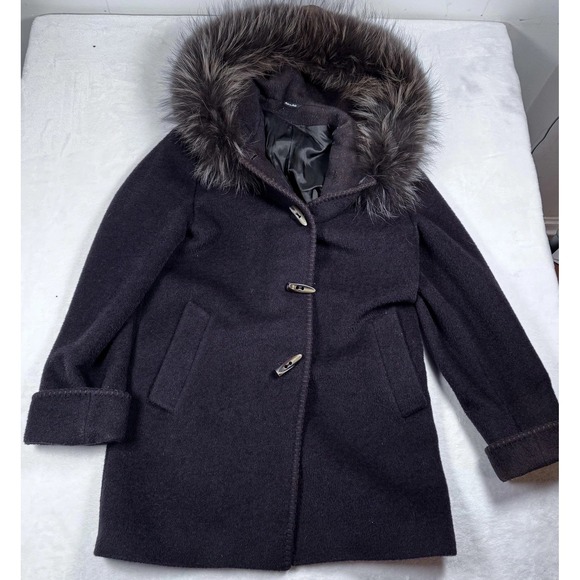 Piacenza Coat Womens 6 Brown Mohair Finn‎ Raccoon Fur Hood Toggle Made Italy